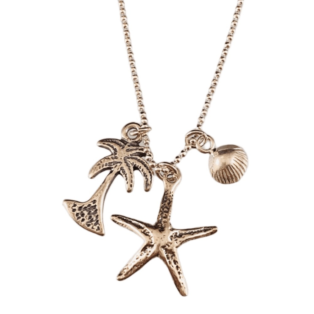 16” Sterling Charm Necklace with Starfish Palm Tree and Seashell